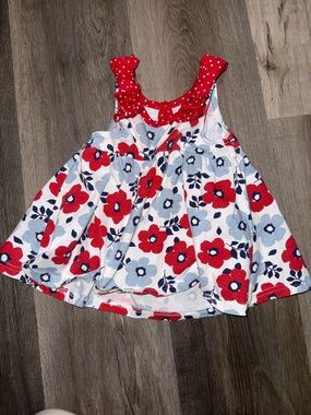 Baby Essentials Red and Light Blue Floral Toddler Dress with Polka Dot Trim